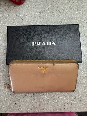 Prada Zip-Around Wallet in Light Brown with Gold Hardware
